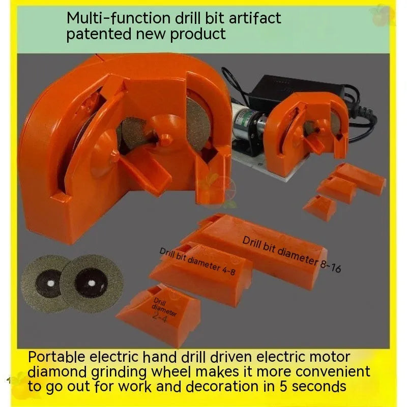 Portable grinding sander with orange and black replacement wheels for universal drill attachment