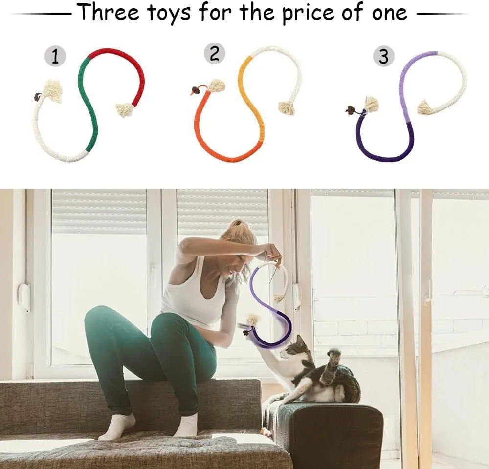 70cm long cat bite rope toy with cotton string in purple, orange, or red and green colour options