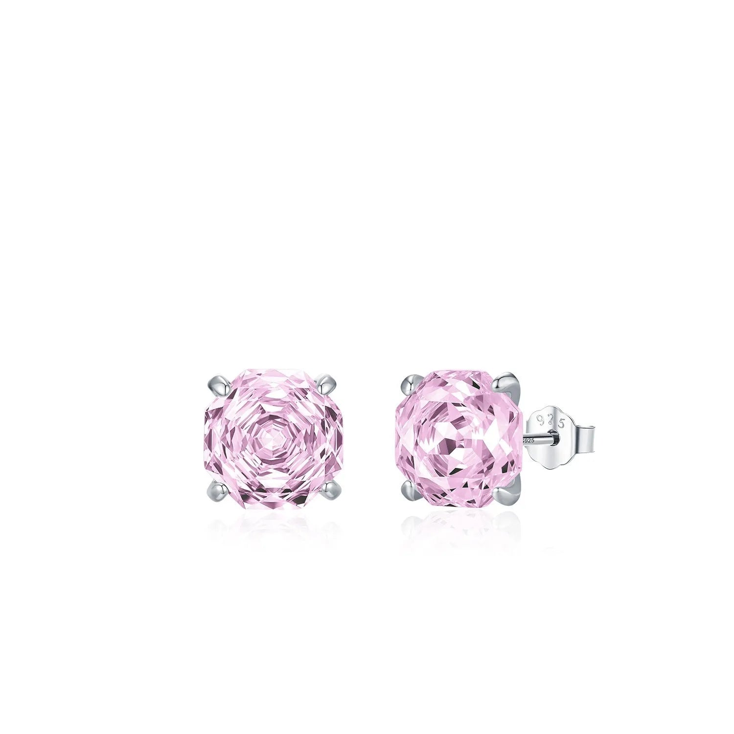 Close-up of a pair of pink rose stud earrings made from S925 sterling silver, shown on a plain background.
