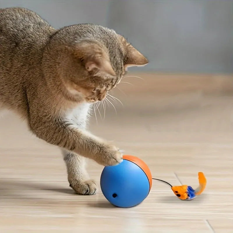Blue and orange interactive plush mouse cat toy shown with a ball shape, measuring 8.5 cm.