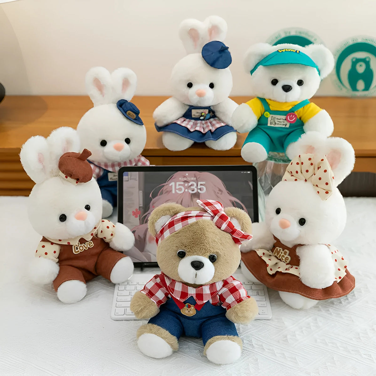 23cm rabbit plush toy with PP cotton filling and plaid women bear colour option, lightweight 0.14kg soft toy