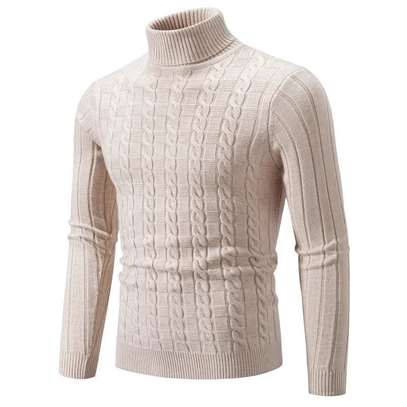 Men's slim twist turtleneck pullover sweater in chenille fabric, shown in beige colour