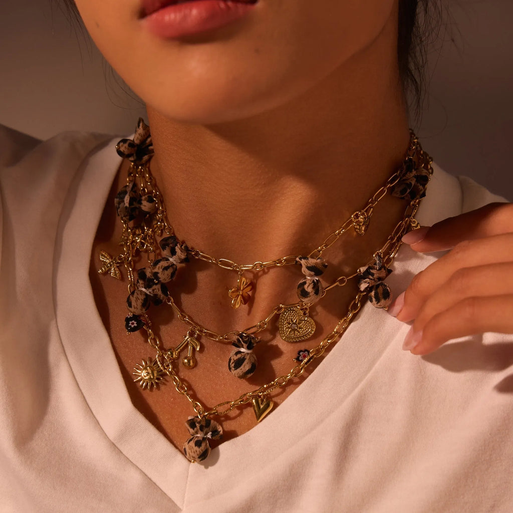 Women's stainless steel necklace with geometric leopard, heart, and flower pendant designs on 41-50cm chain