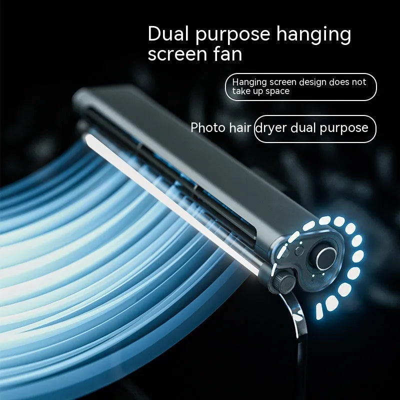 Black bladeless clip-on laptop fan with integrated lighting lamp showing USB cable and screen attachment mechanism