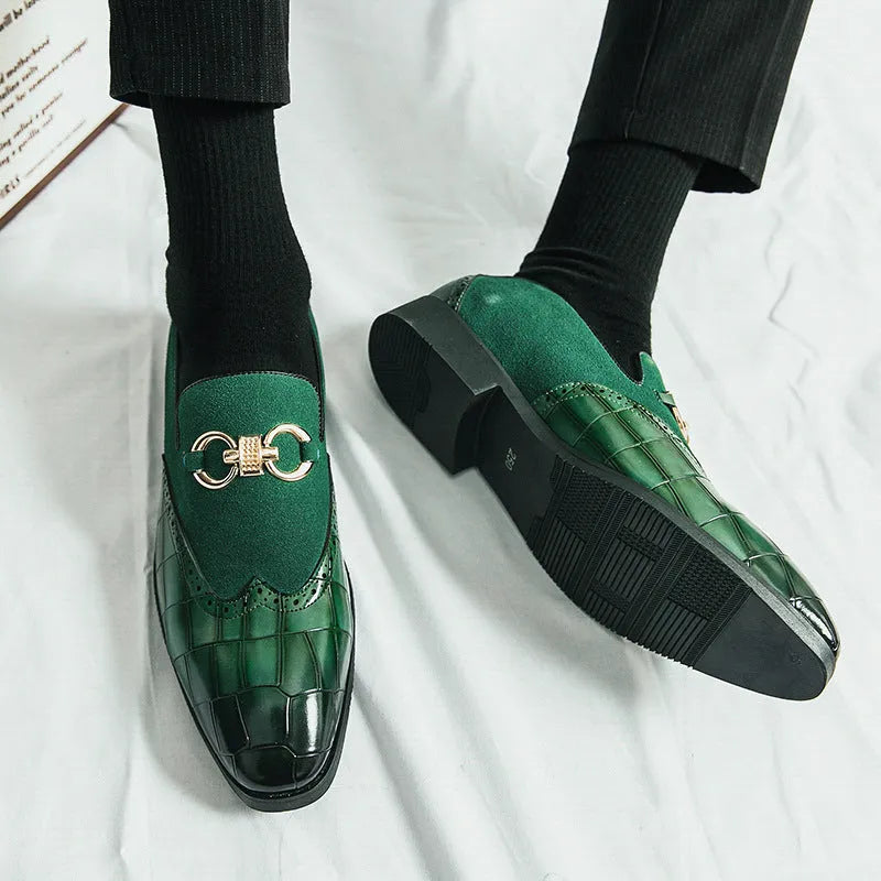 Korean style men's pointed toe leather shoes in black and green colours with rubber soles