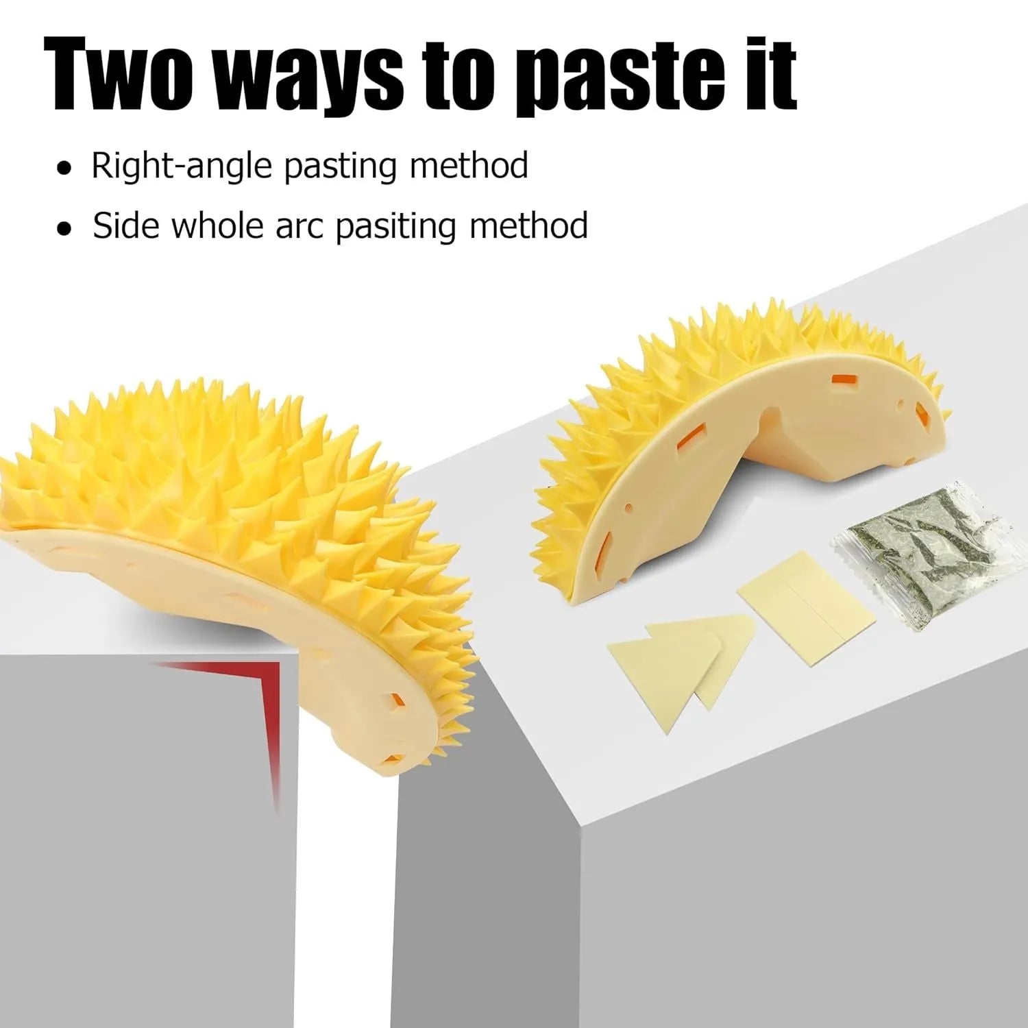 Yellow durian-shaped cat corner scratcher with massage brush installed on wall