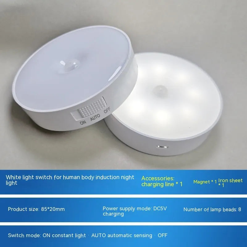 USB rechargeable motion sensor LED night light in beige or white with 86mm diameter compact design