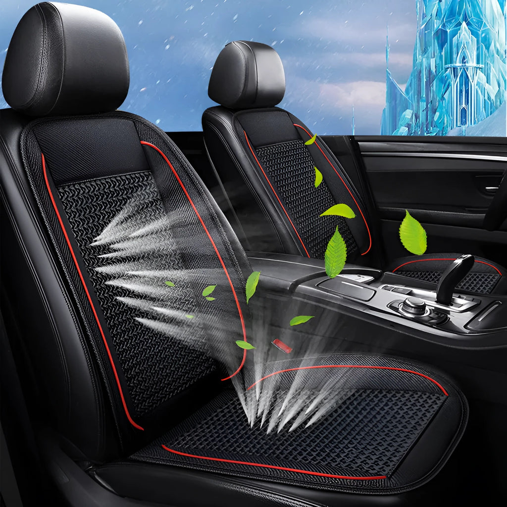Black car ventilation seat cushion with massage function showing 60x60cm dimensions on car seat
