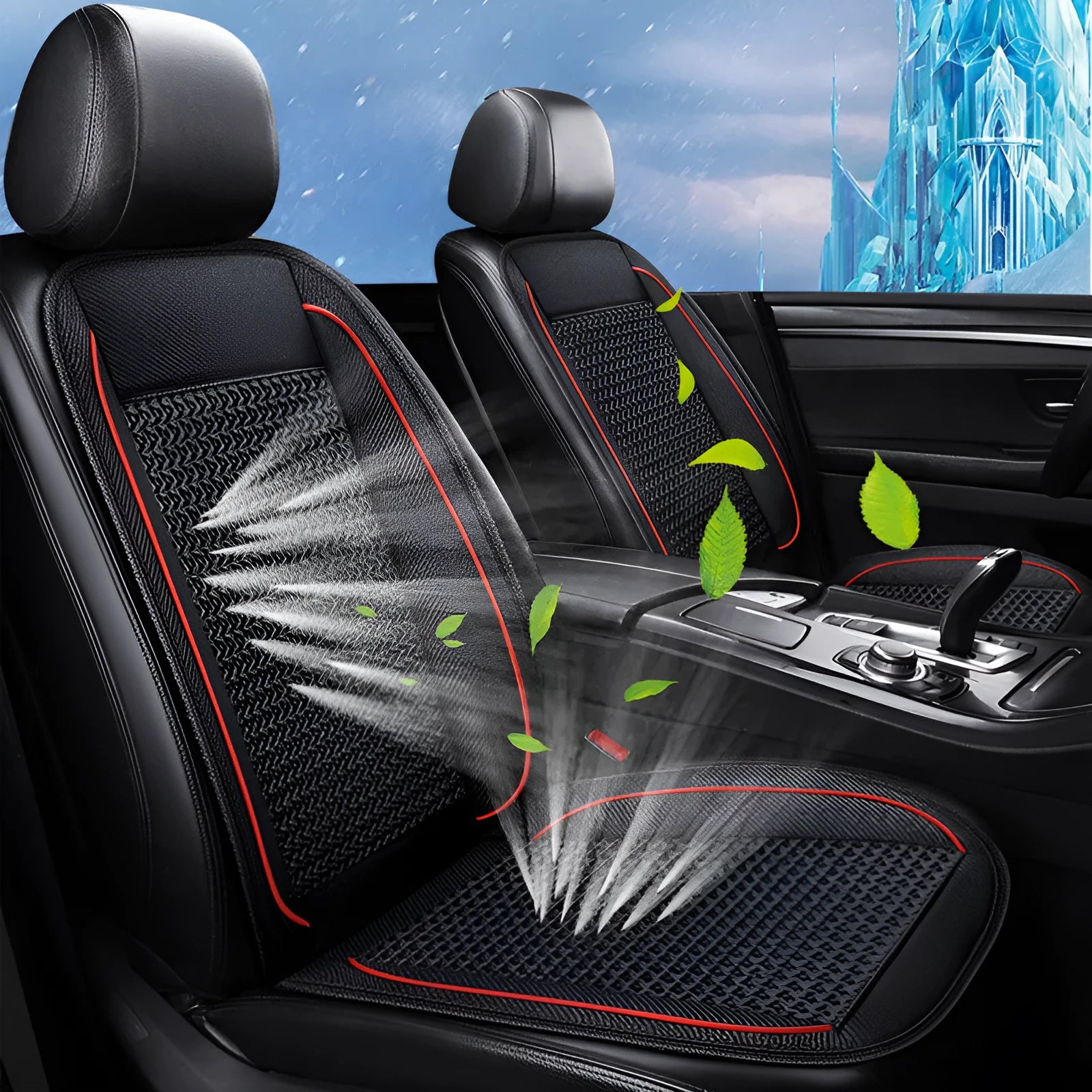 Black car ventilation seat cushion with massage function showing 60x60cm dimensions on car seat