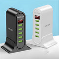 Smart LED digital display charger showing voltage readings with USB port and optional plug styles