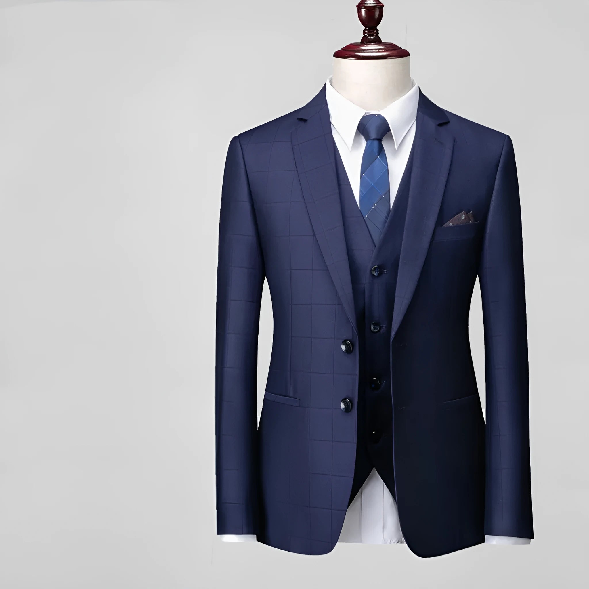 Men's navy blue plaid slim fit three-piece suit with vest, jacket, and trousers