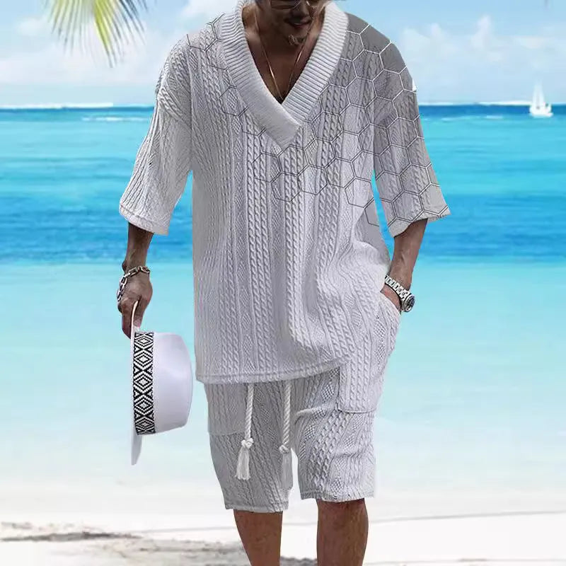 Men's printed drop-shoulder knitted short-sleeved top with matching shorts in a casual suit set.