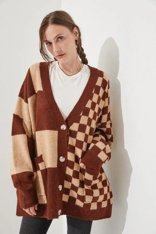 Printed checks loose slim fit cardigan in polyester spandex fabric available in six colours