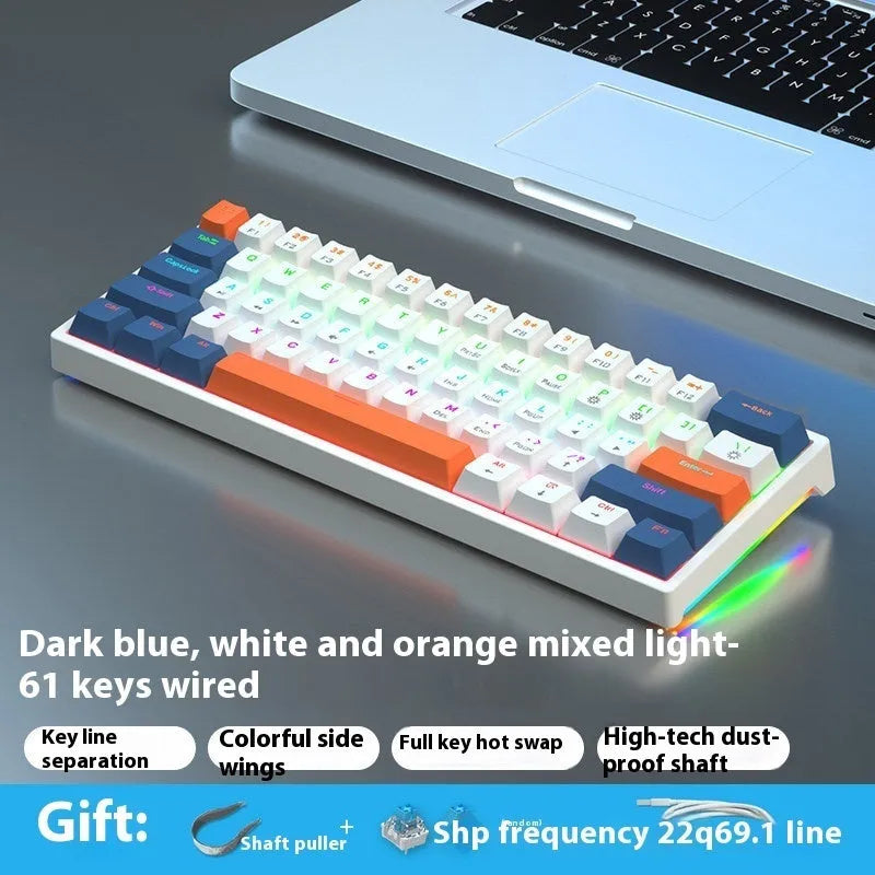 Blue and white 61-key mechanical keyboard with compact layout and hot-swappable switches