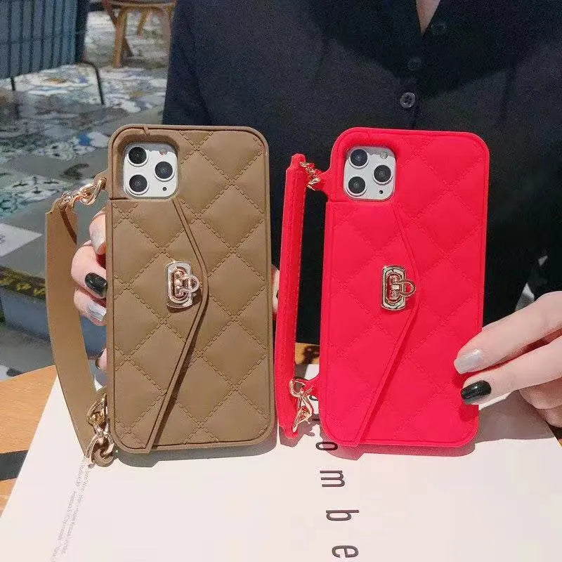 Luxury women's silicone iPhone case with pearl chain lanyard in multiple colour options