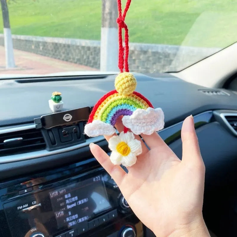 Handmade crocheted car pendant in avocado green, pink rainbow pattern or red rainbow colours