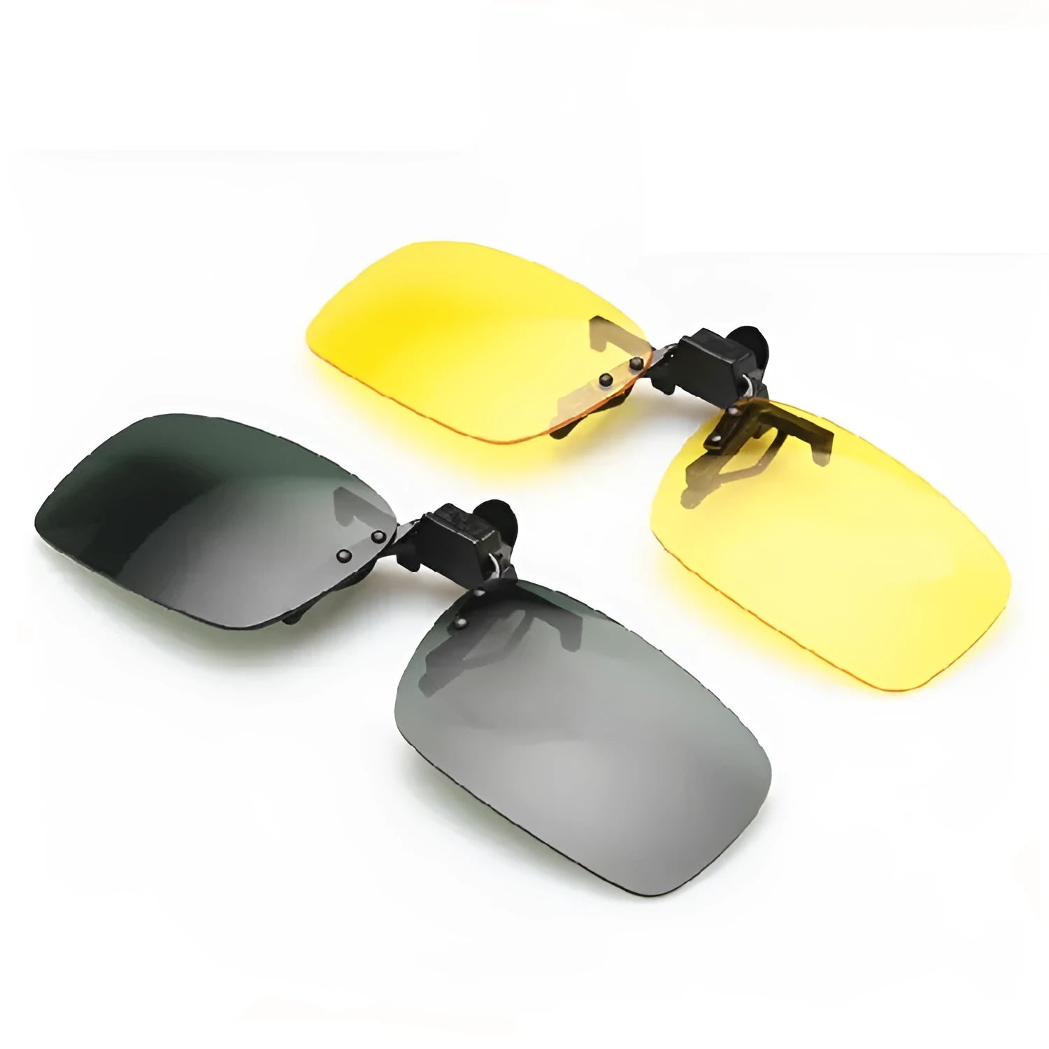 Plastic clip-on sunglasses attachment for prescription glasses, shown with dark green PC lens.