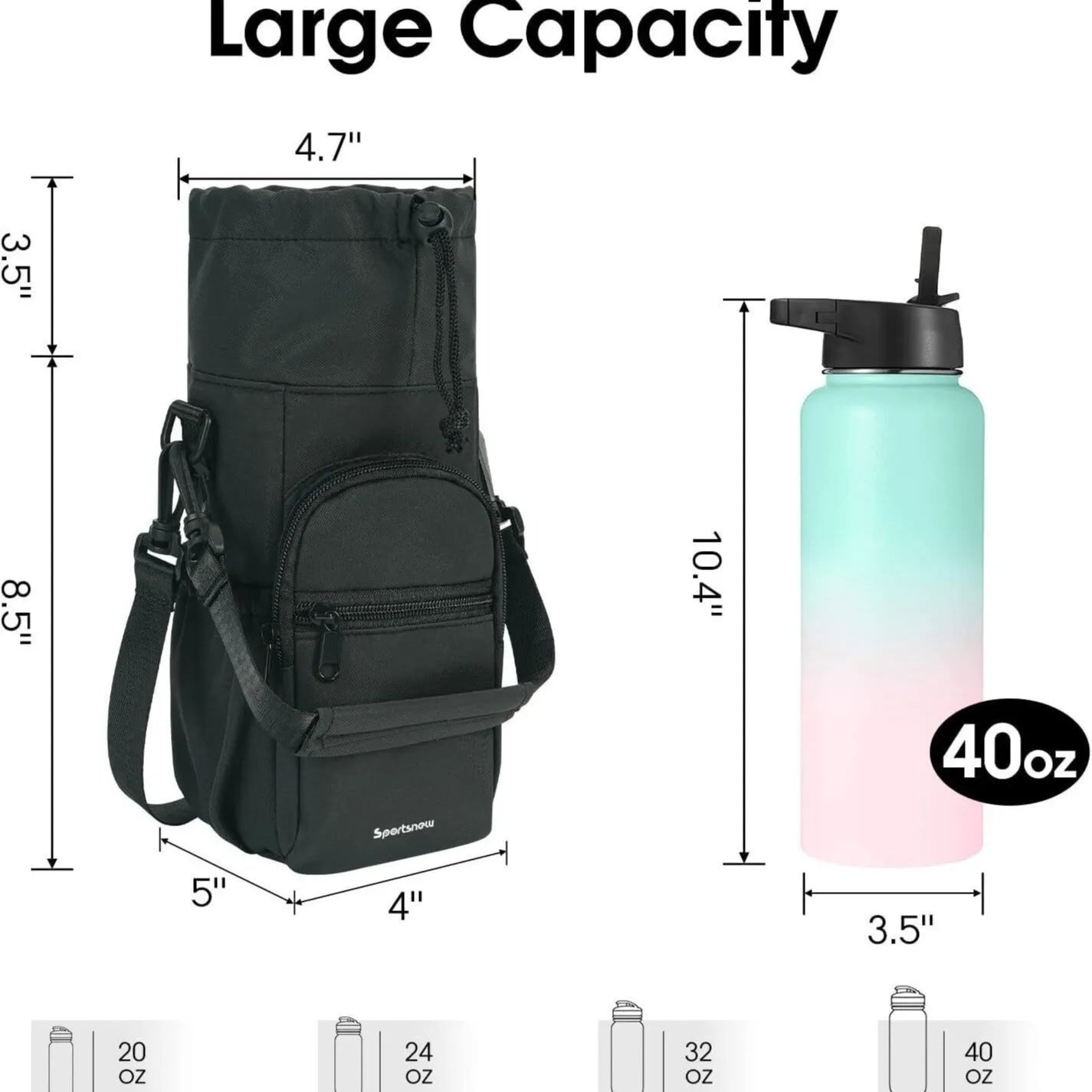Canvas water bottle pouch with crossbody strap in black, green or pink colours