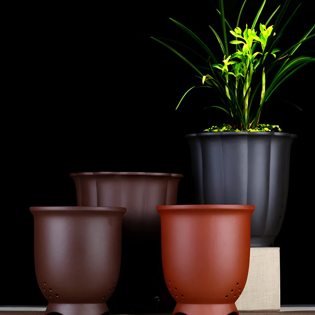Round ceramic desktop flower pot with four drainage holes for phalaenopsis, asparagus fern or bonsai, in black, purplish red or burgundy