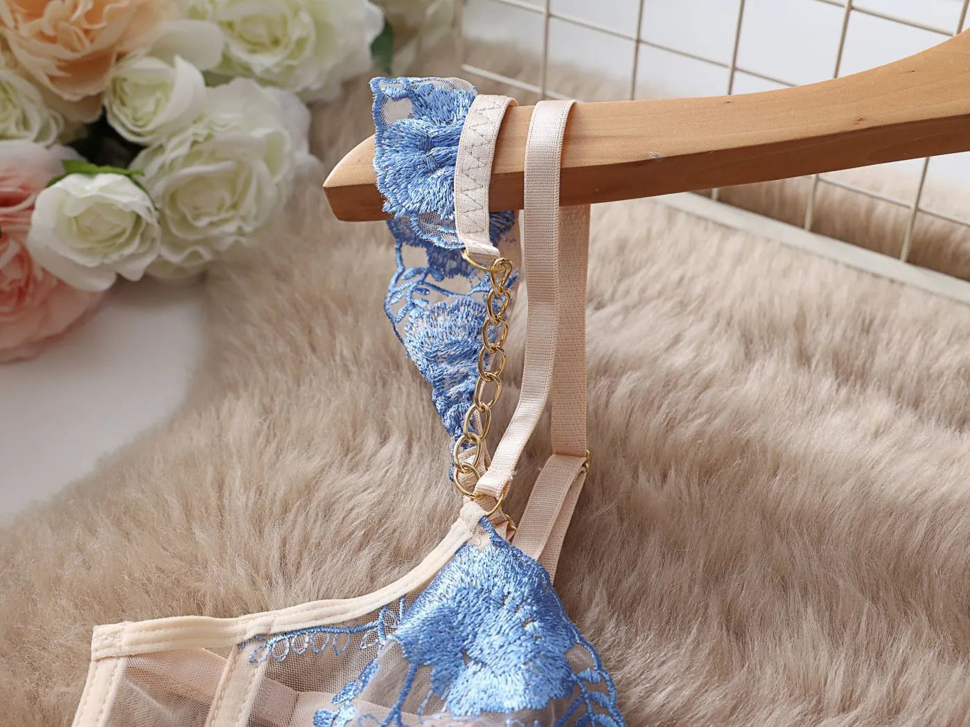 Light blue embroidered push-up bra and pants set with lace and mesh detailing