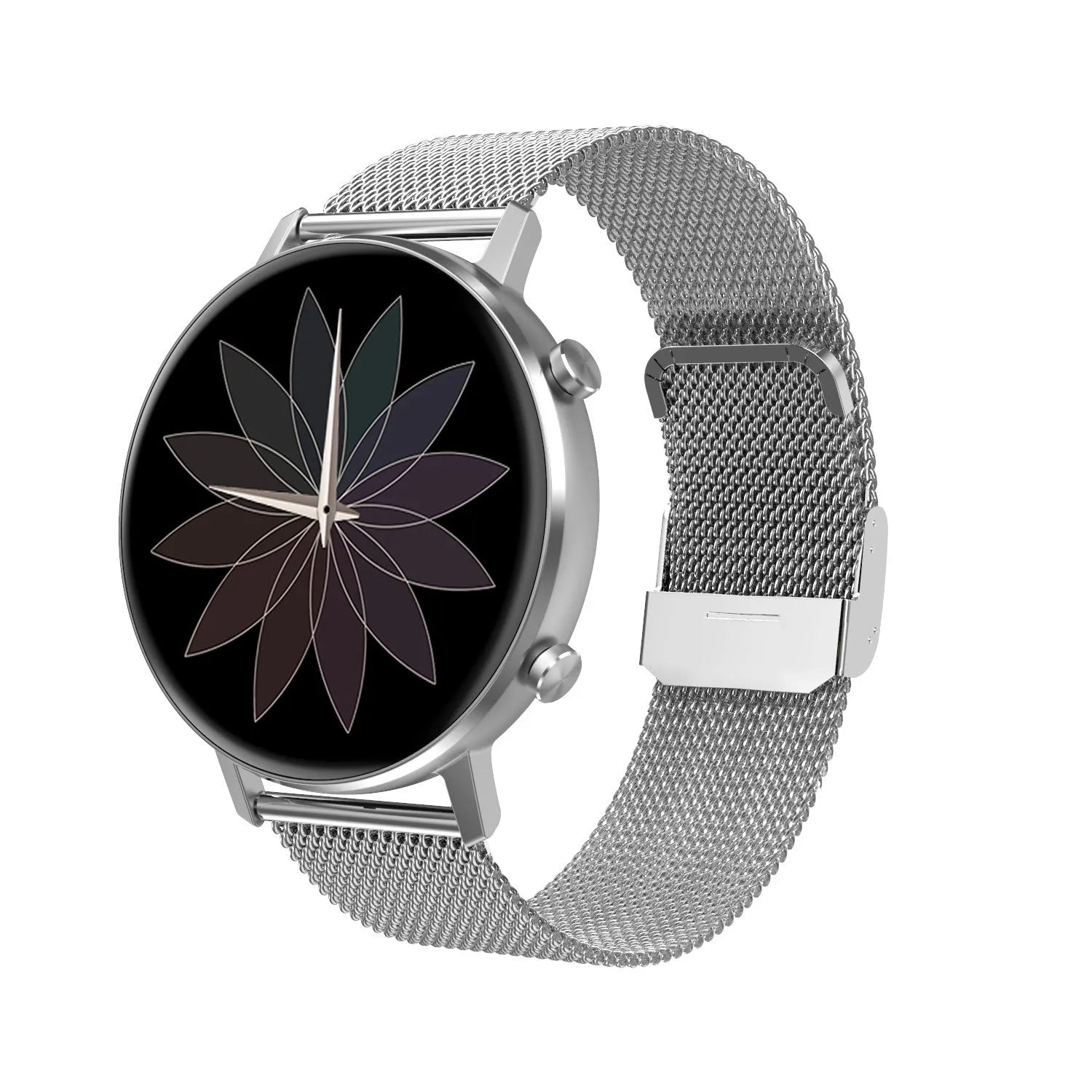 DT96 smart fitness bracelet with steel strap on wrist, showing 1.3 inch screen displaying time.