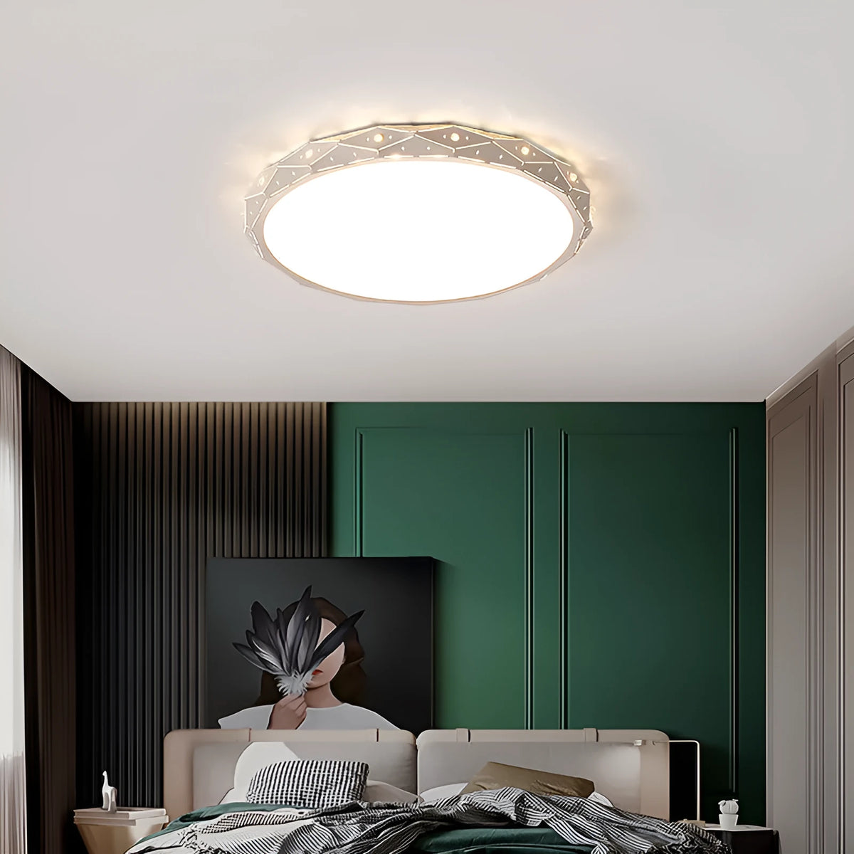 Round iron LED ceiling lamp with black or white frame in multiple diameter sizes