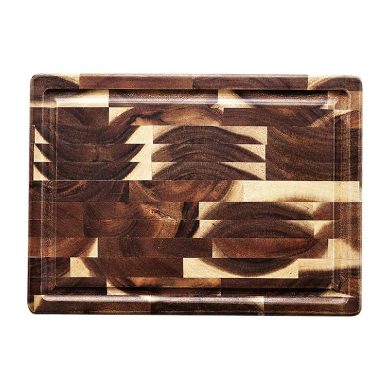 Brown acacia solid wood chopping board with parquet pattern, showing 3cm side thickness.