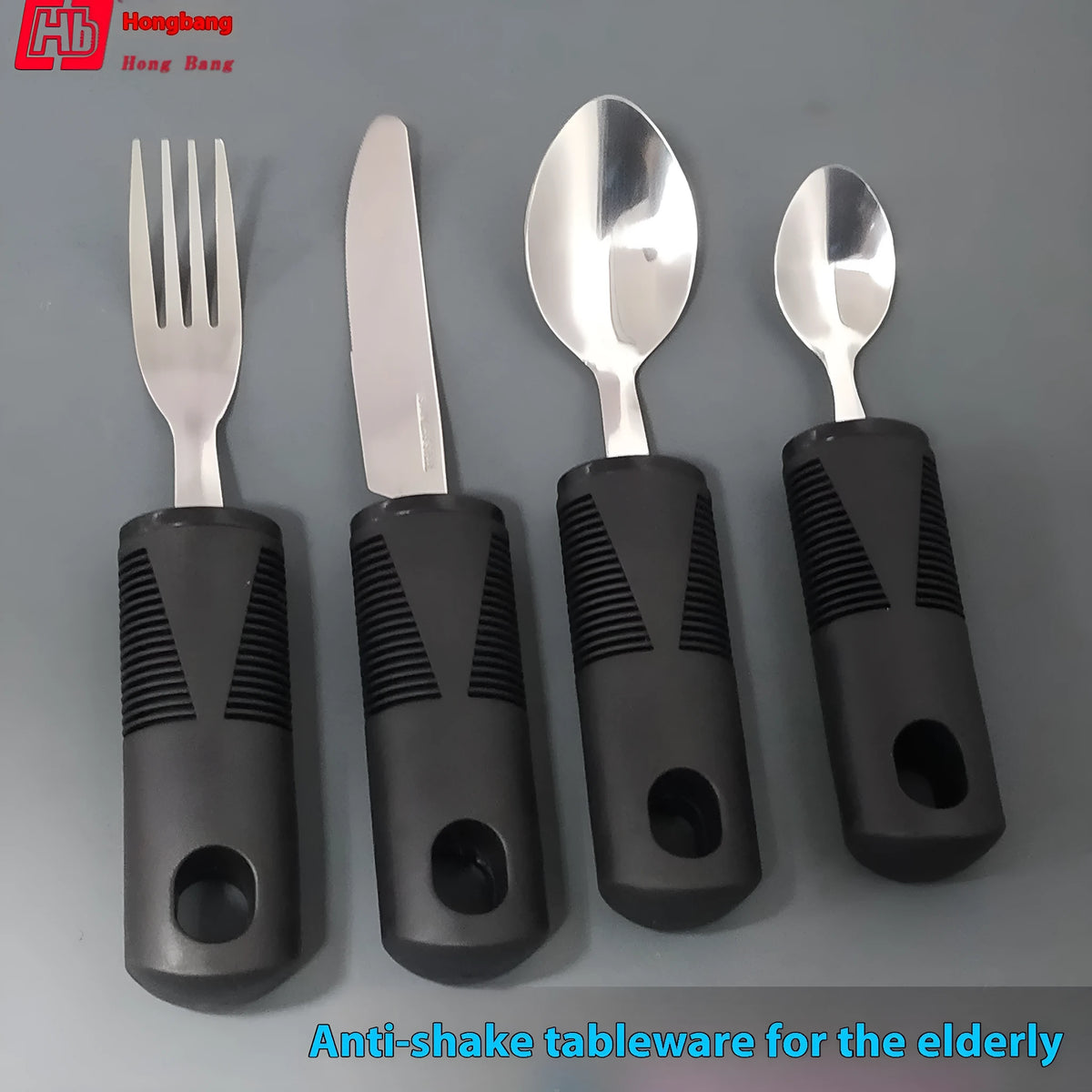 Stainless steel adaptive cutlery with rubber handles in anti-shake design for elderly food aid