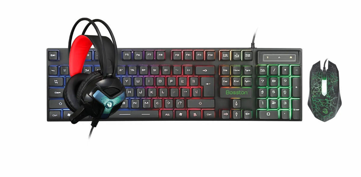 Thunder Wolf T800 wired gaming keyboard and mouse set with USB optical mouse and matching headset on mouse pad