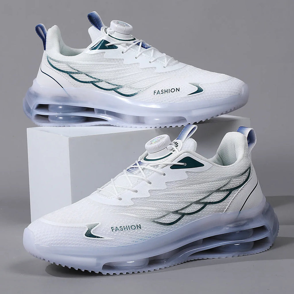 White low-top casual running shoes with mesh upper and rubber sole on solid background