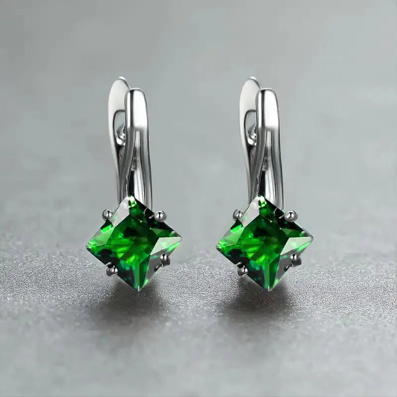 Copper earrings with diamond-design zircon inlay in blue, green, or colour options