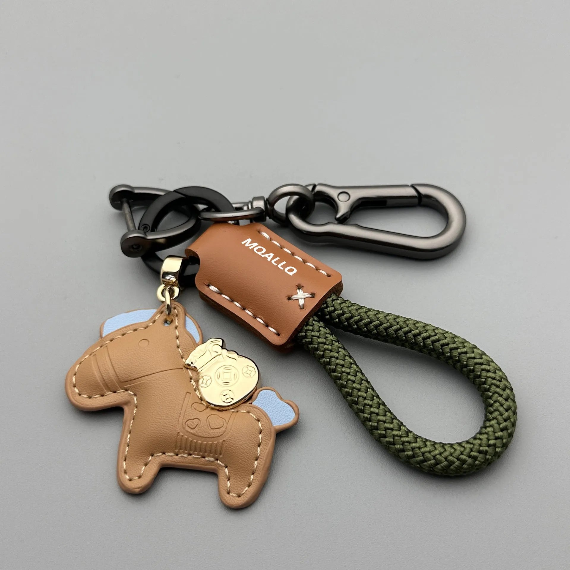 Cowhide car key ring pendant with zinc alloy pony belt buckle on flanelle rope in various colour options