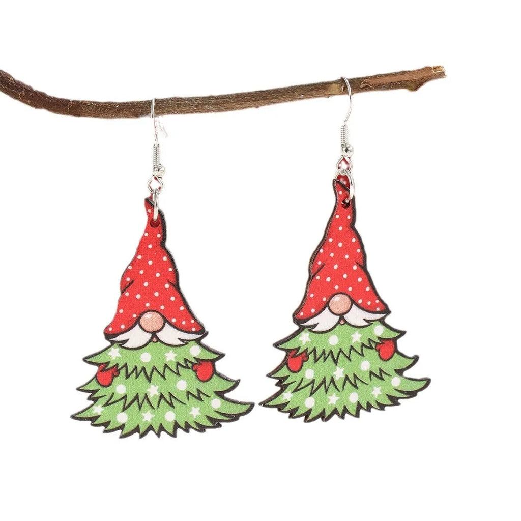 Wooden geometric earrings with printed Christmas tree and snowman designs