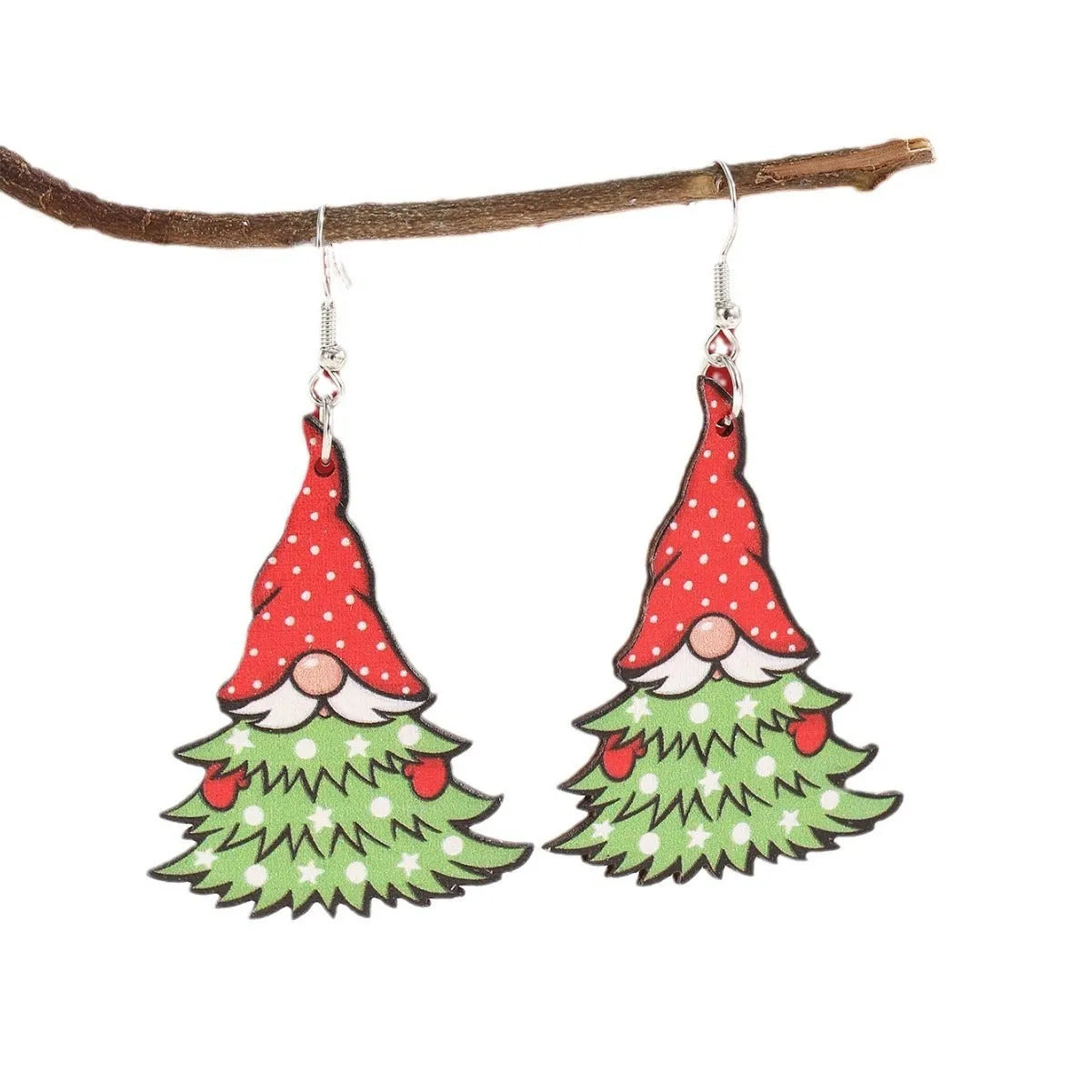 Wooden geometric earrings with printed Christmas tree and snowman designs
