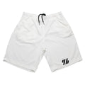 Loose fit metal silk fabric sports shorts for running in multiple colours on a size chart background.
