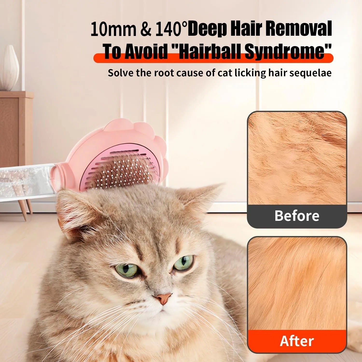 Grey spray cat brush with a release button on the handle, shown with stainless steel bristles.