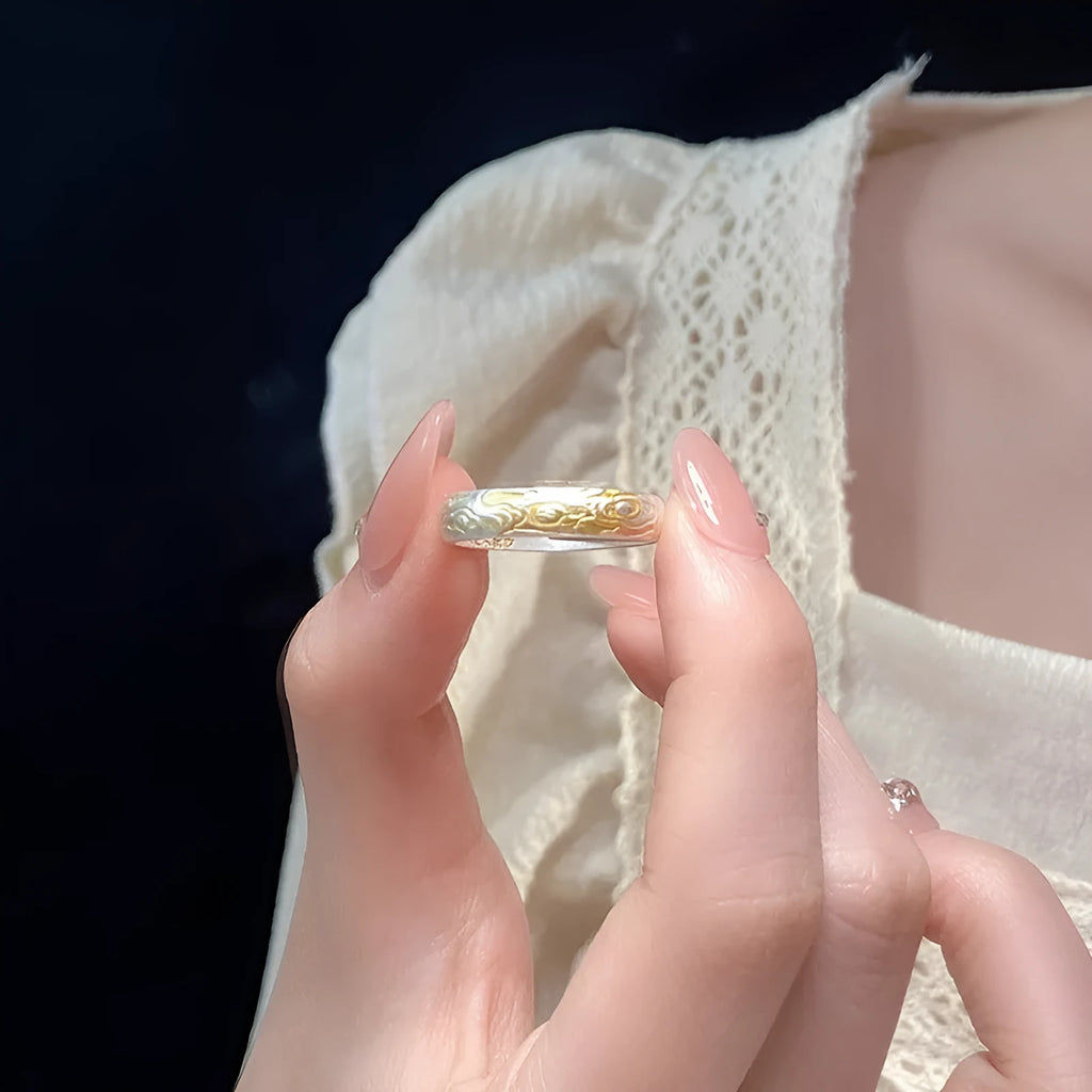 Open-mouth white copper ring with Xiangyun pattern featuring electroplated silver and gold geometric design