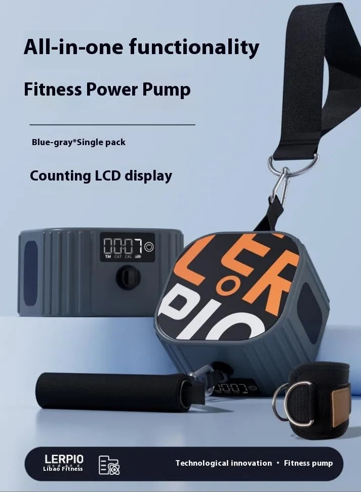 Blue grey and orange grey intelligent adjustable resistance training tensioner for full body workouts.