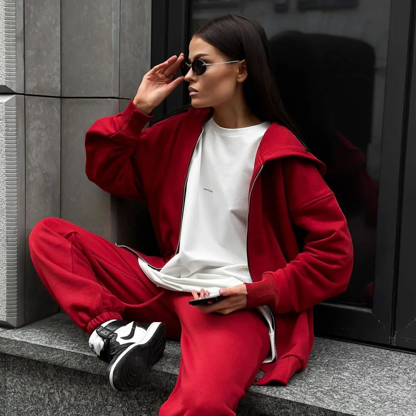 Red loose fit long-sleeved coat and trousers two-piece street style set