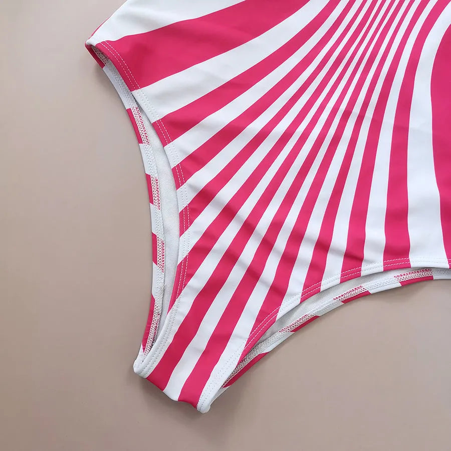 Pink striped one-piece swimsuit for women with digital printing on front and back.