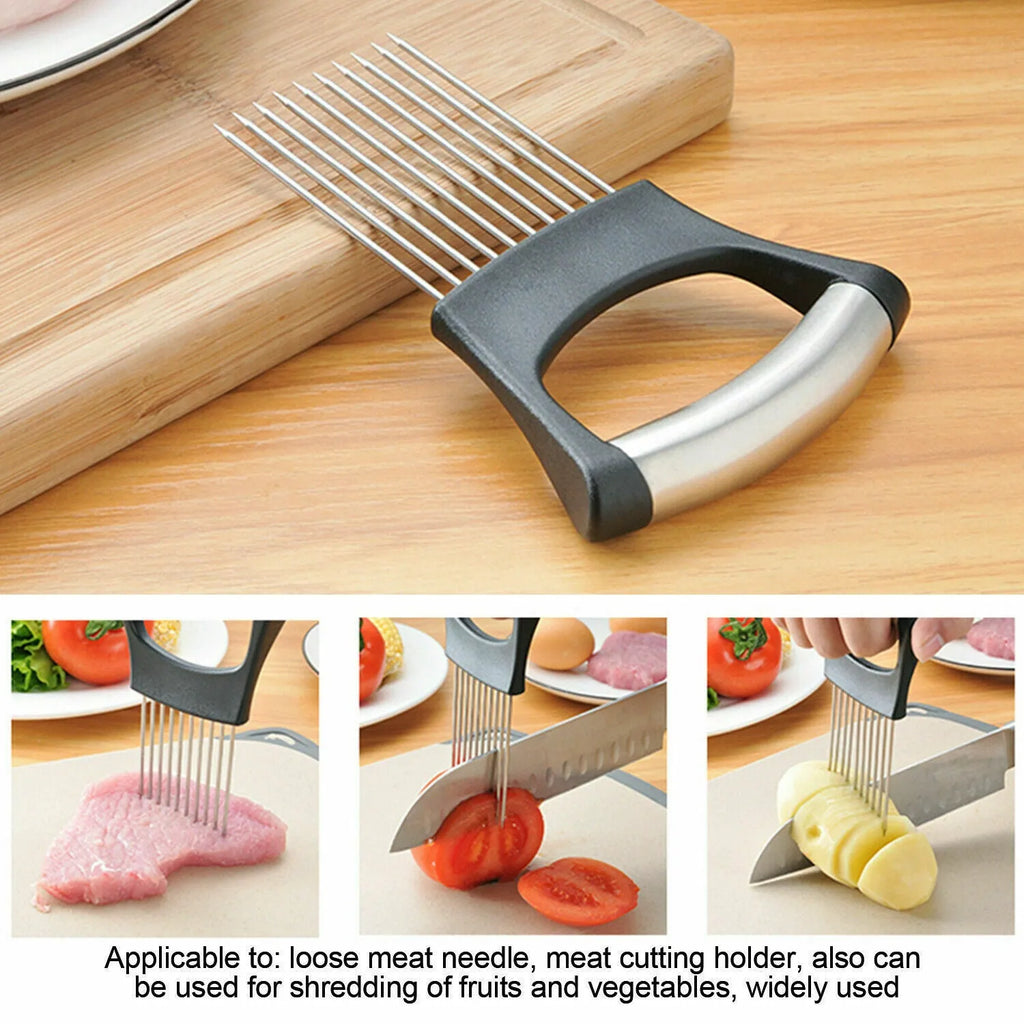 Stainless steel and ABS plastic food slice assistant for holding onions and tomatoes during cutting