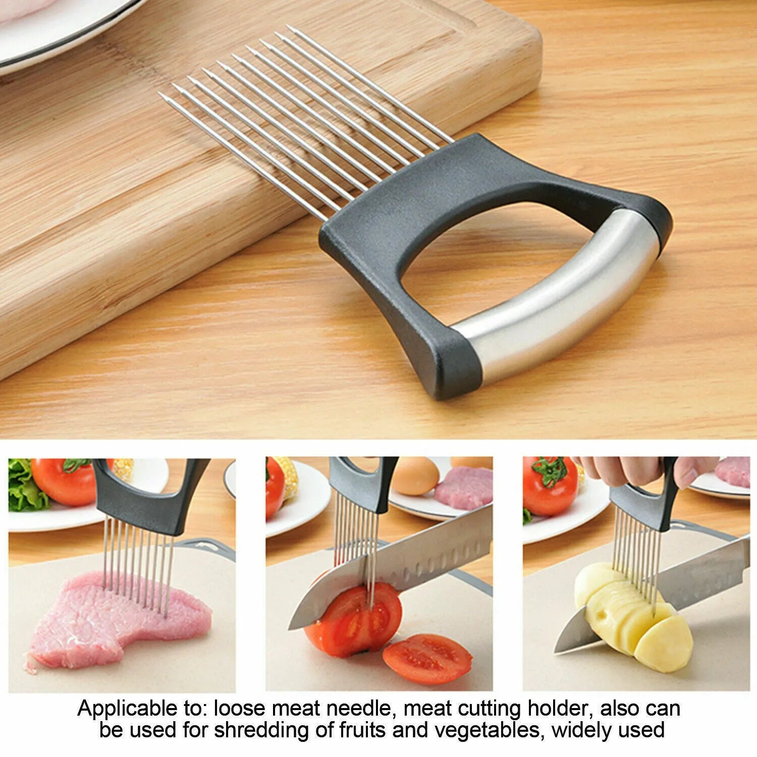 Stainless steel and ABS plastic food slice assistant for holding onions and tomatoes during cutting