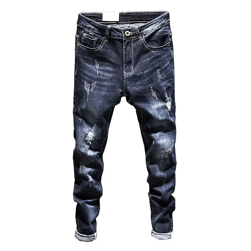 Men's slim-fitting skinny jeans in dark blue cotton denim with micro elasticity