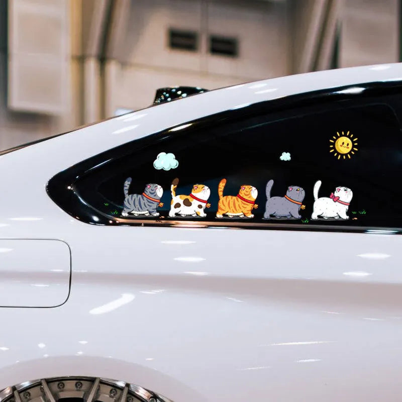 Climbing cats car sticker with five walking cats design on vehicle surface