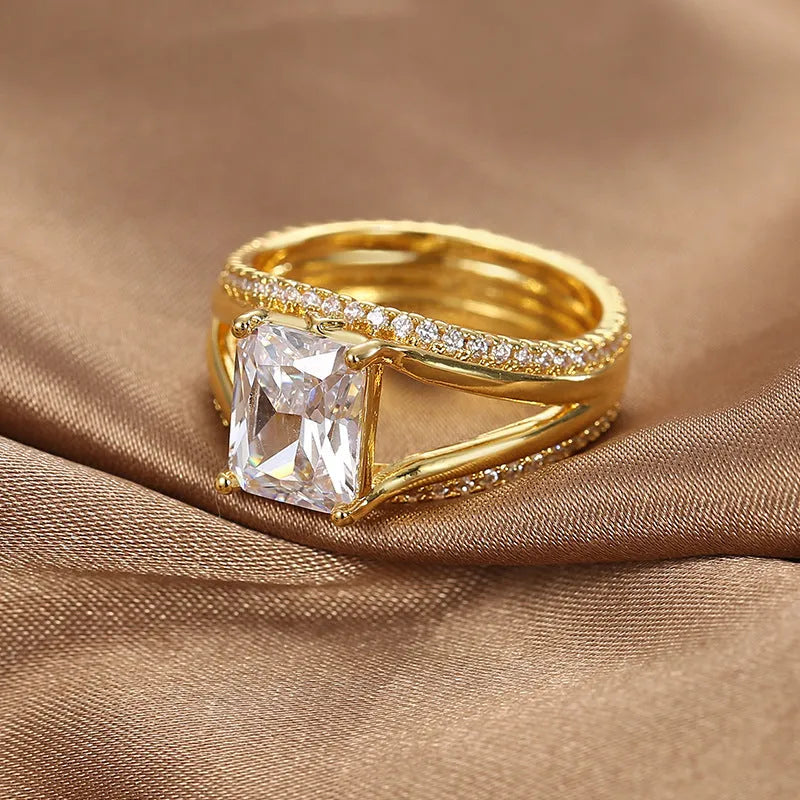 Gold geometric women's ring with square zircon stone in European sizing