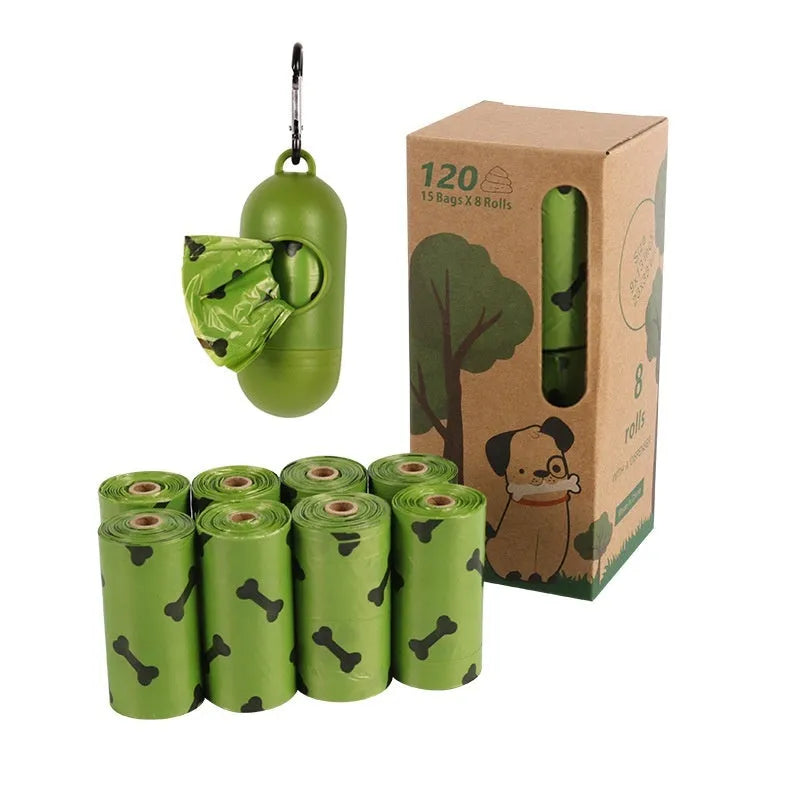 Military green degradable dog waste bags with black bone print measuring 23 by 33 centimetres