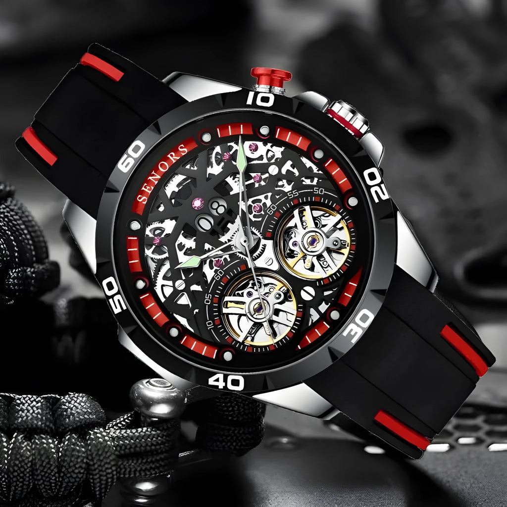 Automatic mechanical men's watch with luminous hands and hollow dial design in red or blue