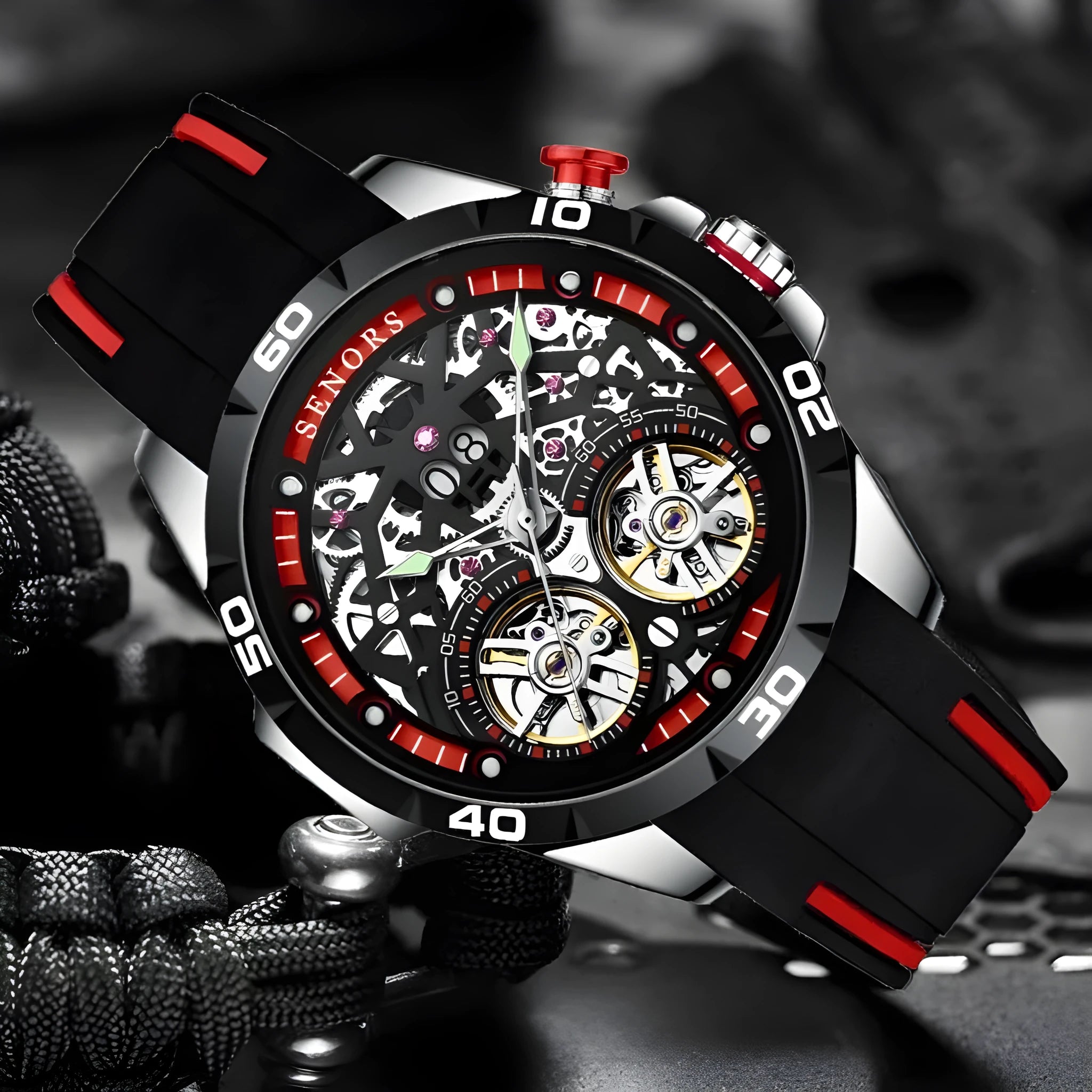 Automatic mechanical men's watch with luminous hands and hollow dial design in red or blue