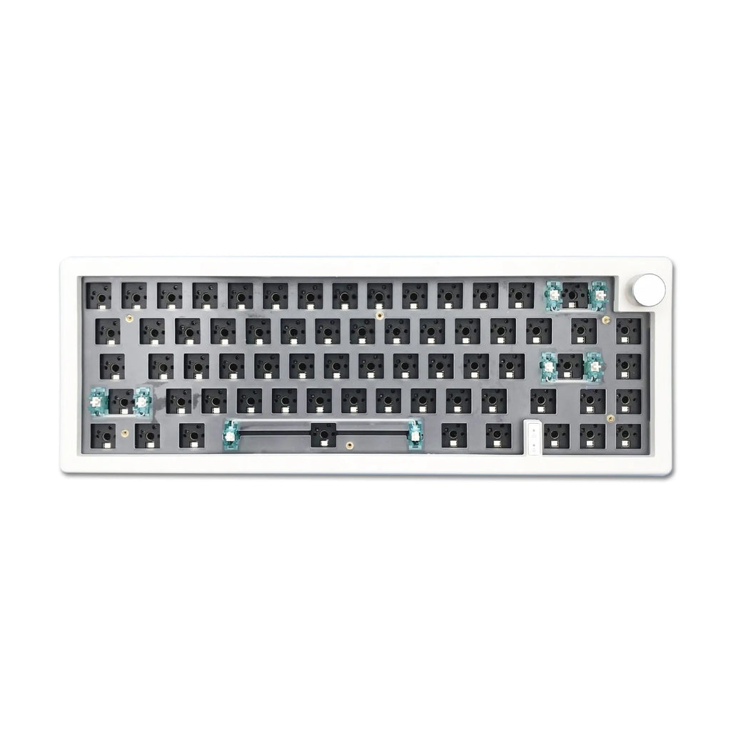 DIY hot-swappable RGB mechanical keyboard kit with ABS chassis, rotary knob, and USB cable in multiple colours.