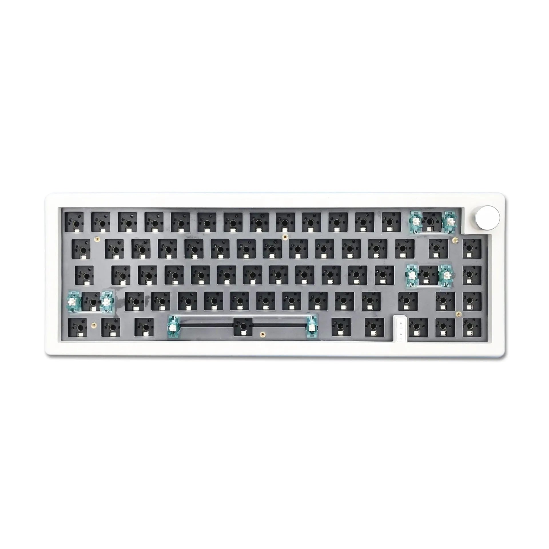DIY hot-swappable RGB mechanical keyboard kit with ABS chassis, rotary knob, and USB cable in multiple colours.